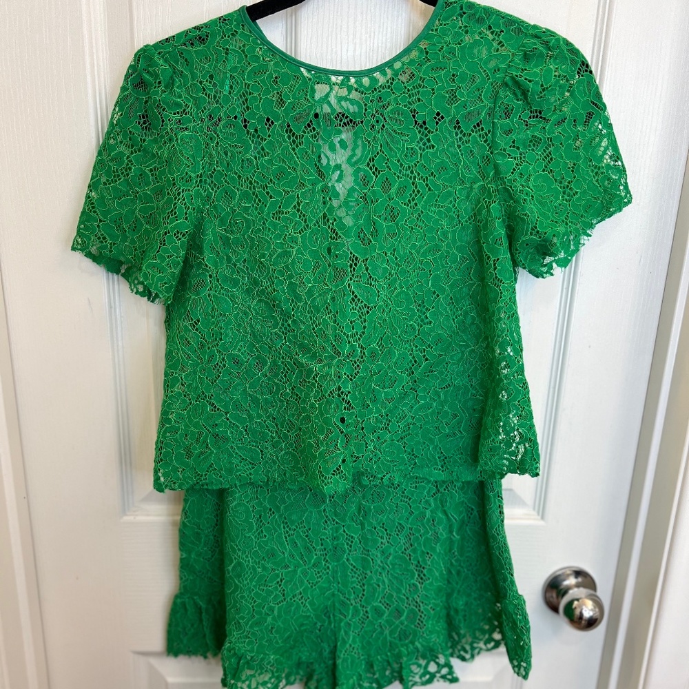 Zara Matching Set lace Green top and Ruffled Shorts Size S Top M Short